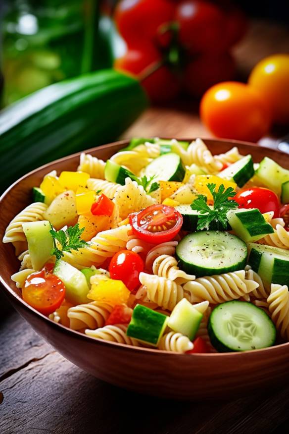 Fruchtiger Nudelsalat mit Tomaten, Gurke und Ananas