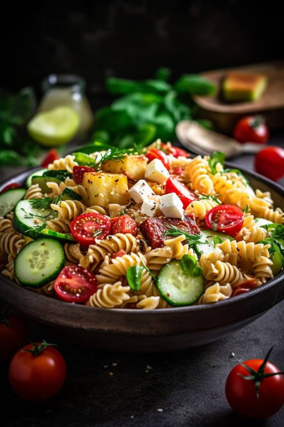 Fruchtiger Nudelsalat mit Tomaten, Gurke und Ananas