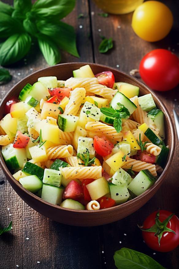 Fruchtiger Nudelsalat mit Tomaten, Gurke und Ananas