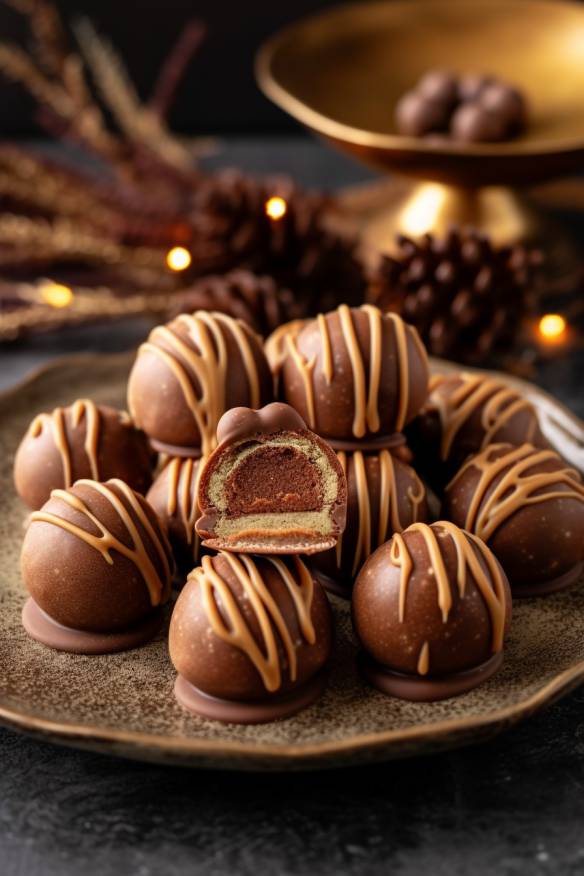 Lebkuchen-Pralinen auf einem Teller angerichtet.