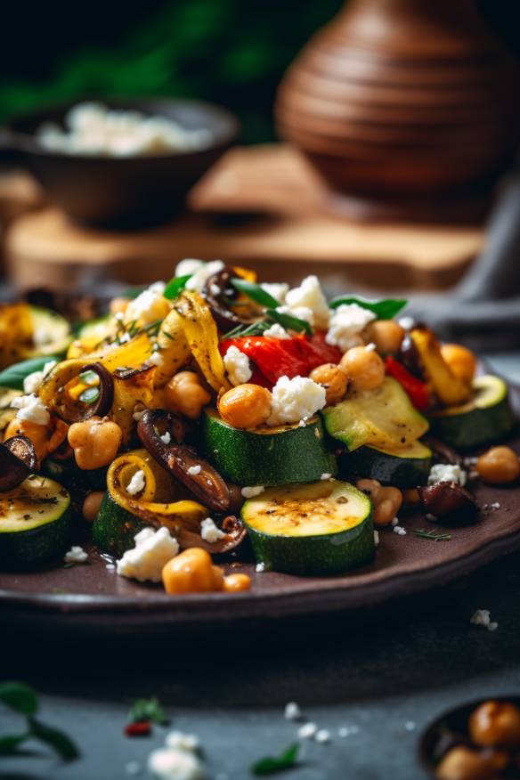 Glutenfreies vegetarisches Fingerfood mit Paprika, Zucchini, Champignons, Kichererbsen und Feta