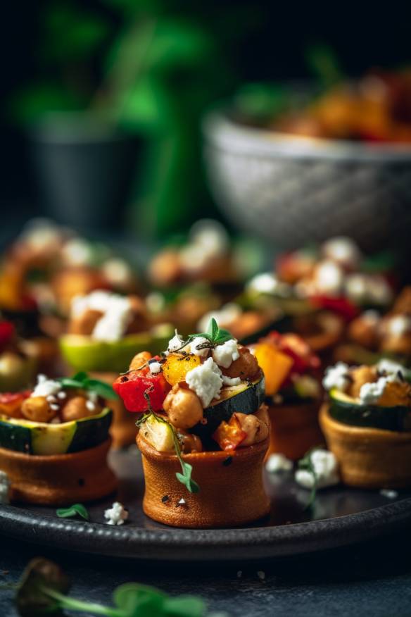 Glutenfreies vegetarisches Fingerfood mit Paprika, Zucchini, Champignons, Kichererbsen und Feta