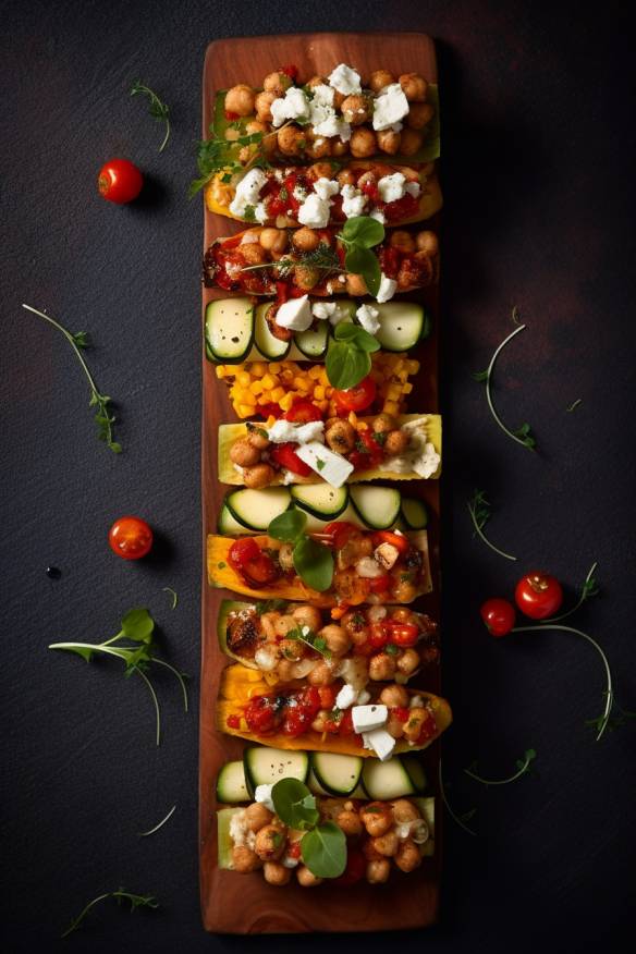 Glutenfreies vegetarisches Fingerfood mit Paprika, Zucchini, Champignons, Kichererbsen und Feta