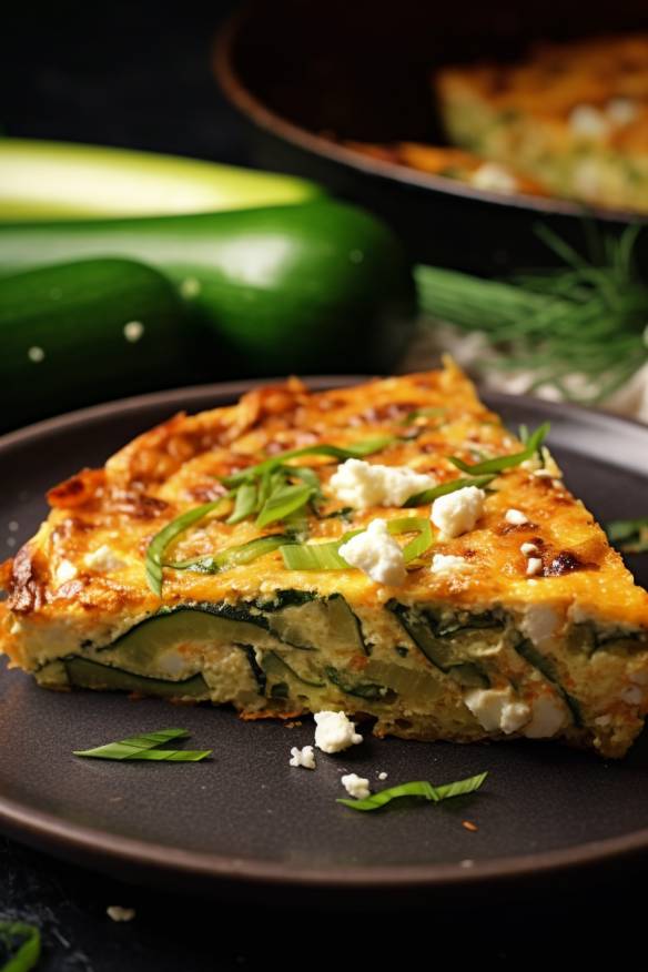 Glutenfreie Zucchini-Feta-Frittata auf einem Teller angerichtet.