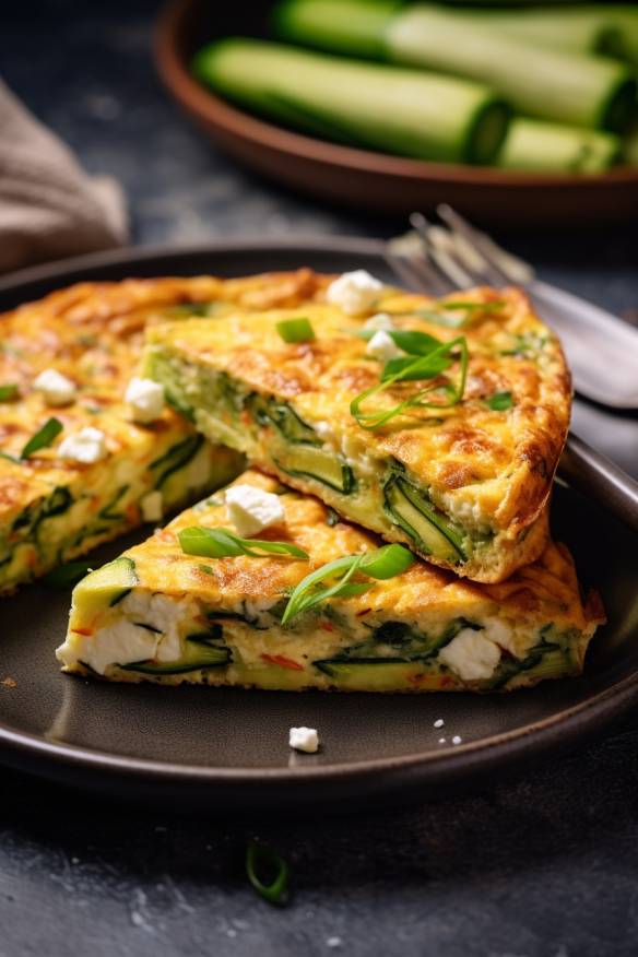 Glutenfreie Zucchini-Feta-Frittata auf einem Teller angerichtet.