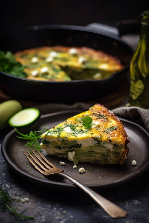 Glutenfreie Zucchini-Feta-Frittata auf einem Teller angerichtet.