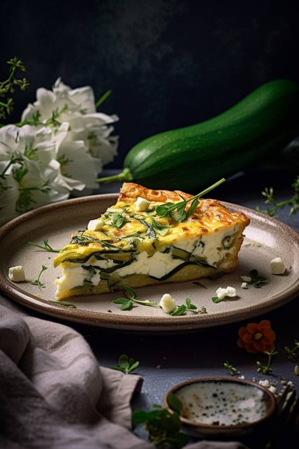 Glutenfreie Zucchini-Feta-Frittata auf einem Teller angerichtet.