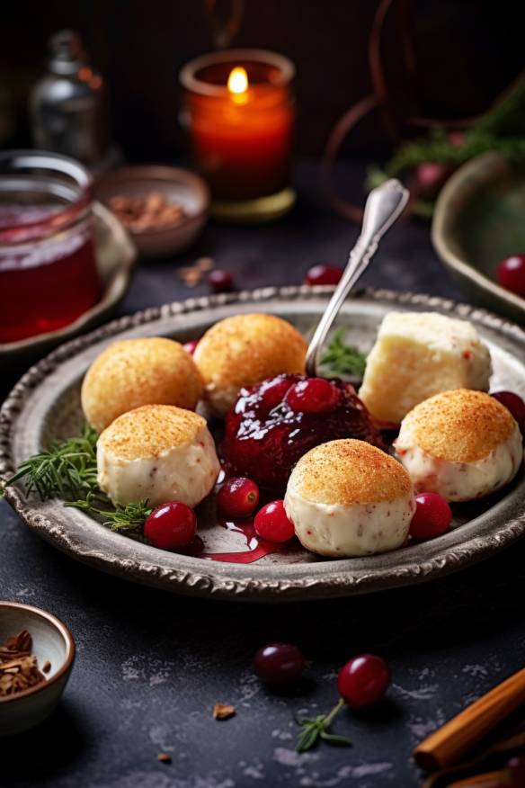 Ziegenkäse-Bällchen mit Cranberry-Dip auf einem Teller