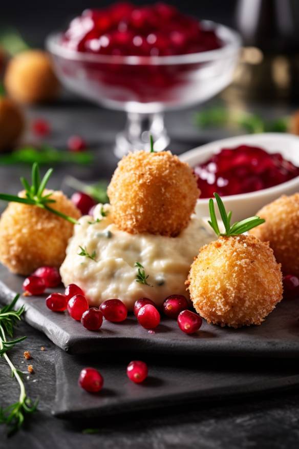 Ziegenkäse-Bällchen mit Cranberry-Dip auf einem Teller