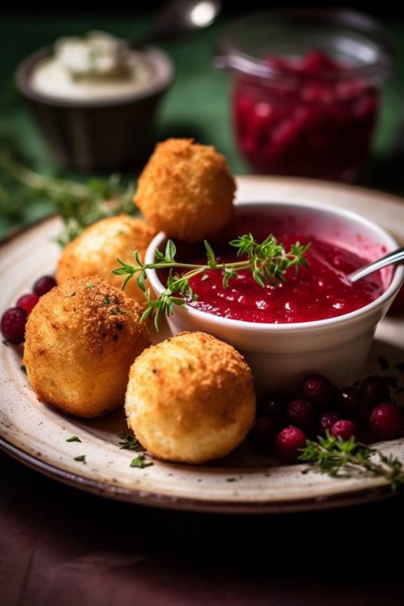 Gebackener Ziegenkäse mit Cranberry-Kompott auf einem Teller angerichtet.