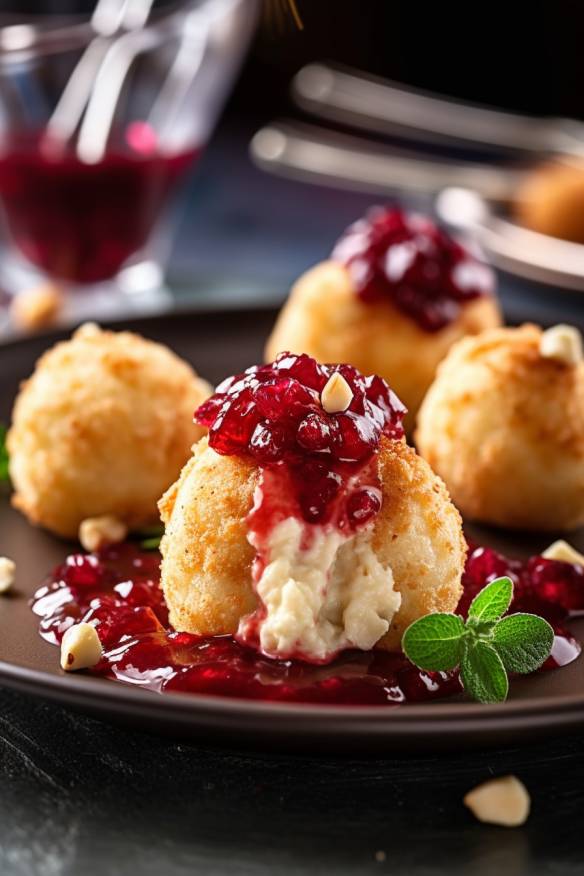 Ziegenkäse-Bällchen mit Cranberry-Dip auf einem Teller