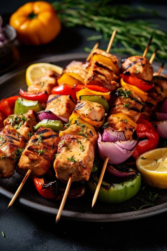 Gegrillte Hähnchen-Spieße mit buntem Gemüse auf einem Teller.