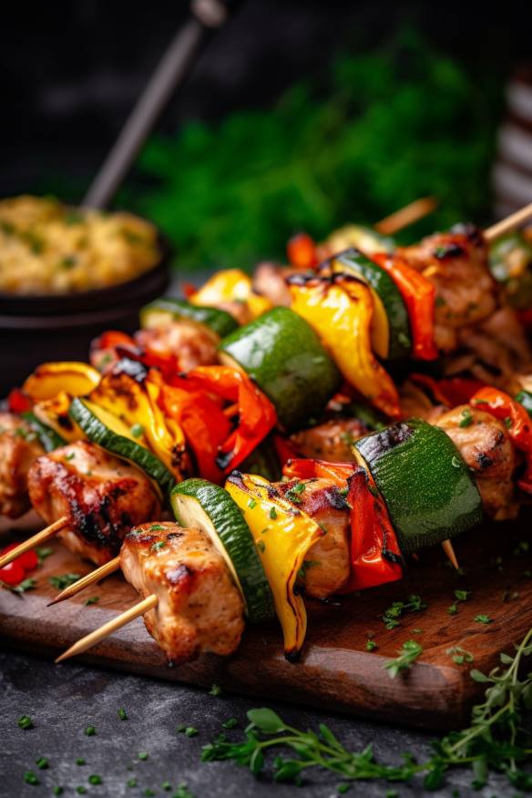 Gegrillte Hähnchen-Spieße mit Paprika und Zucchini