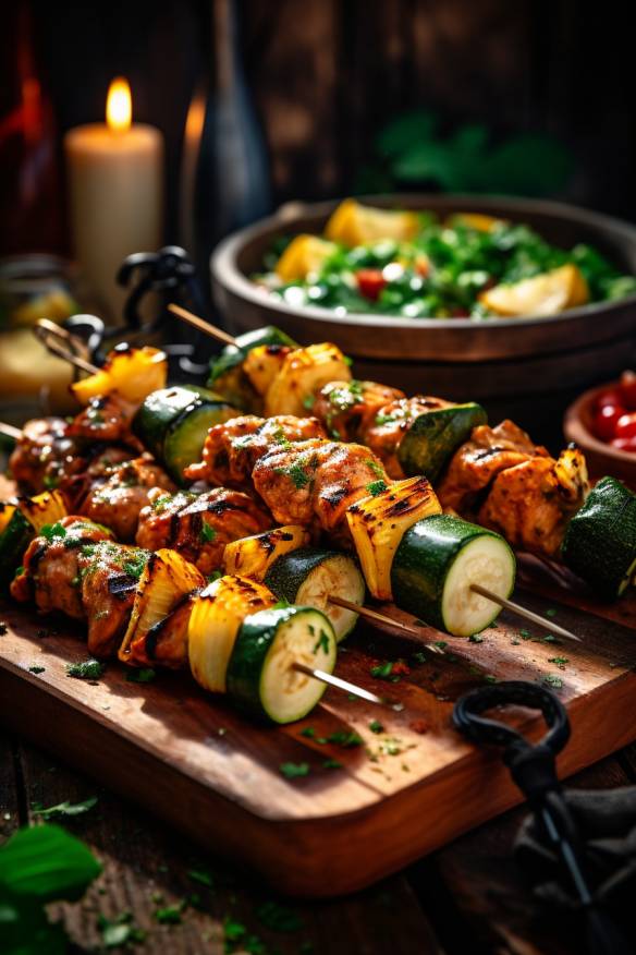 Gegrillte Hähnchen-Spieße mit Paprika und Zucchini