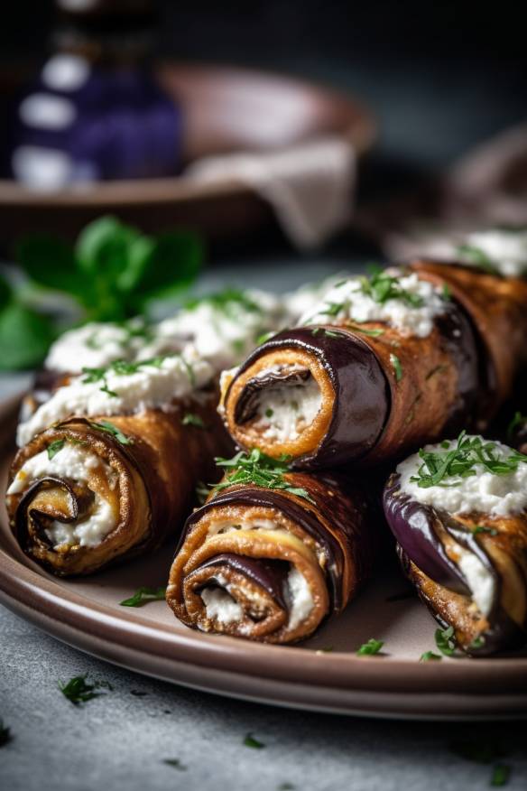 Gegrillte Auberginenröllchen mit Ricotta-Füllung auf einem Teller angerichtet.