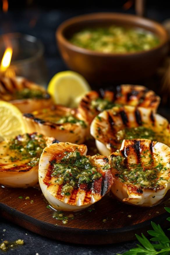 Gegrillte Jakobsmuscheln mit Zitronen-Knoblauch-Butter