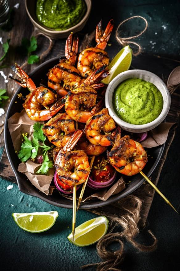 Gegrillte Garnelen-Spieße mit Limetten-Avocado-Dip