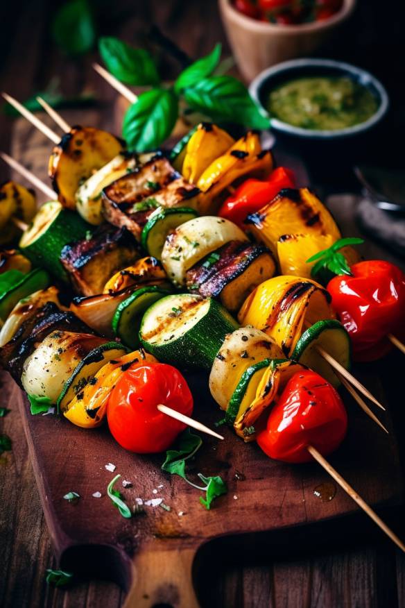 Gegrillte Gemüse-Spieße auf einem Holzbrett serviert.