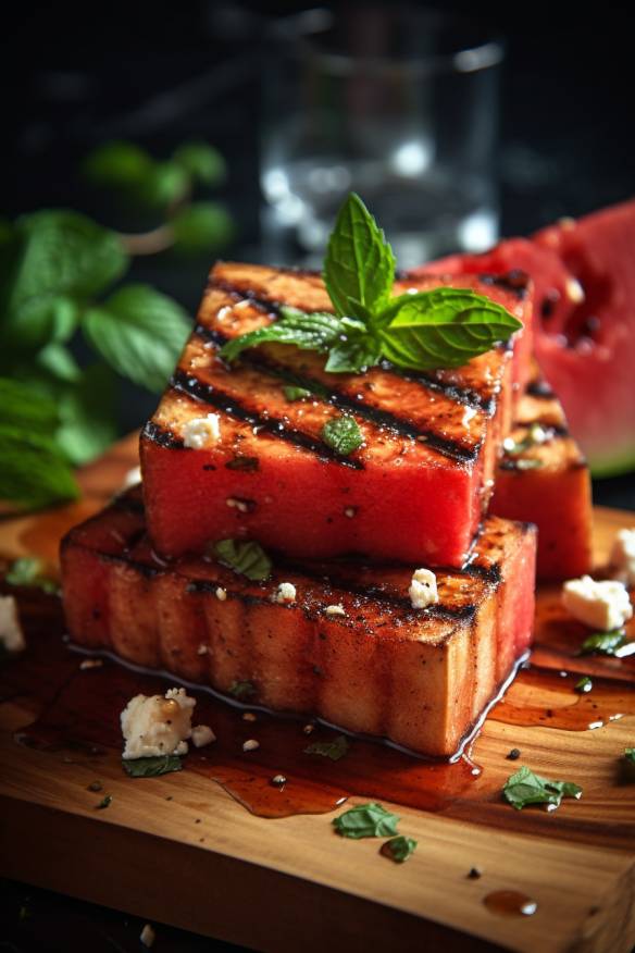 Gegrillte Wassermelonensteaks mit Feta und Minze auf einem Holzbrett angerichtet.