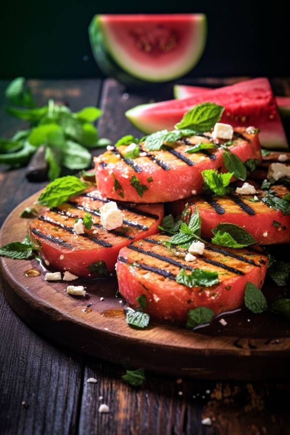 Gegrillte Wassermelonensteaks mit Feta und Minze auf einem Holzbrett angerichtet.