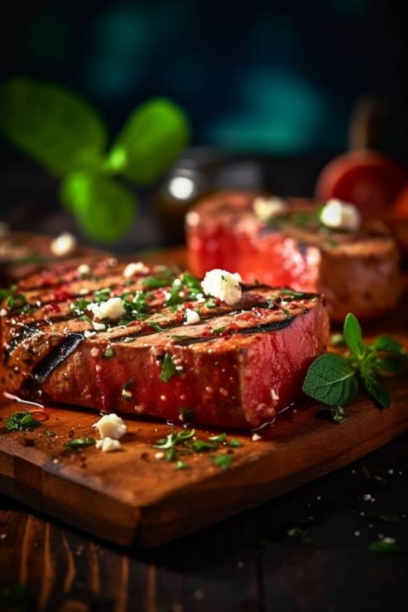 Gegrillte Wassermelonensteaks mit Feta und Minze auf einem Holzbrett angerichtet.