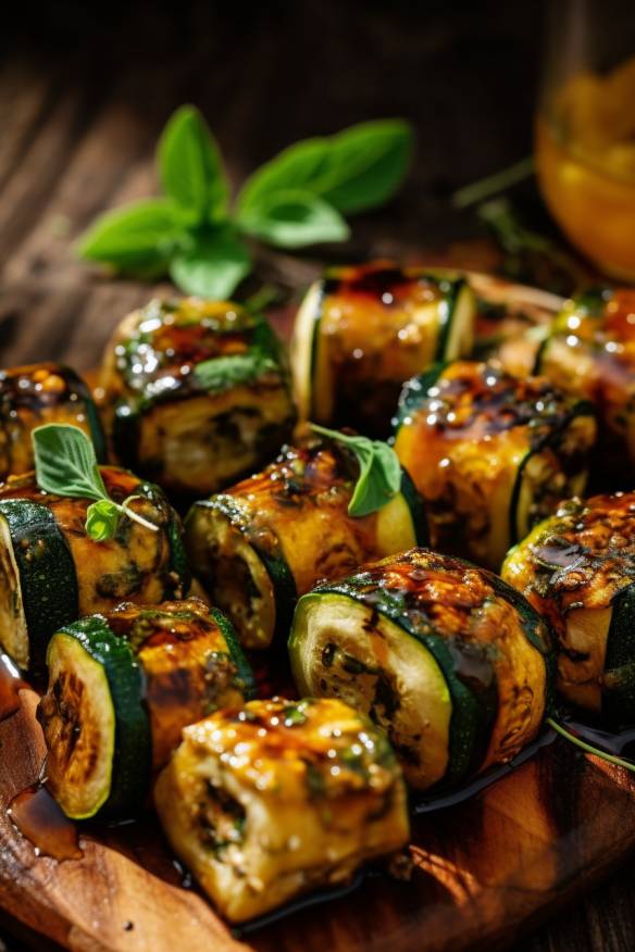 Gegrillte Zucchini-Rollen als perfekte Häppchen zum Grillen.