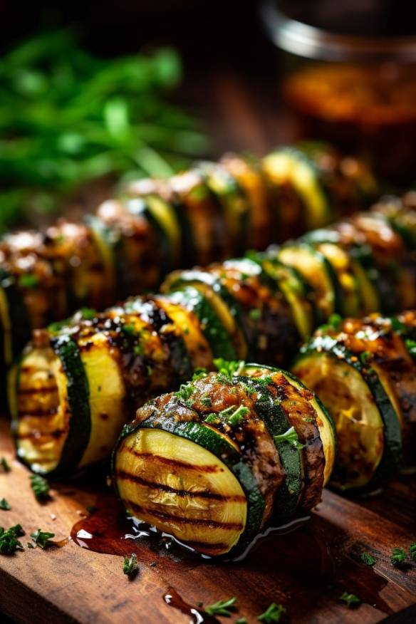 Gegrillte Zucchini-Rollen als perfekte Häppchen zum Grillen.