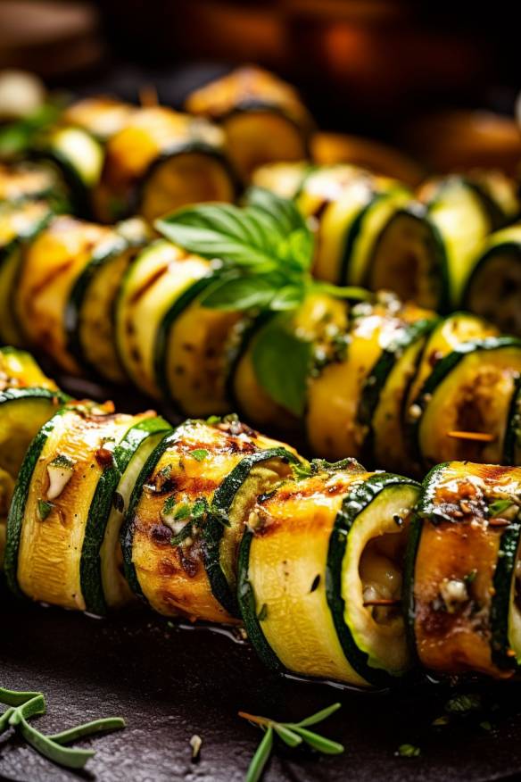 Gegrillte Zucchini-Rollen als perfekte Häppchen zum Grillen.