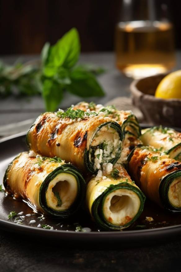 Gegrillte Zucchini-Rollen mit Ricotta auf einem Teller angerichtet.