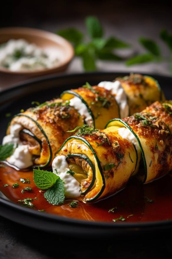 Gegrillte Zucchini-Rollen mit Ricotta auf einem Teller angerichtet.