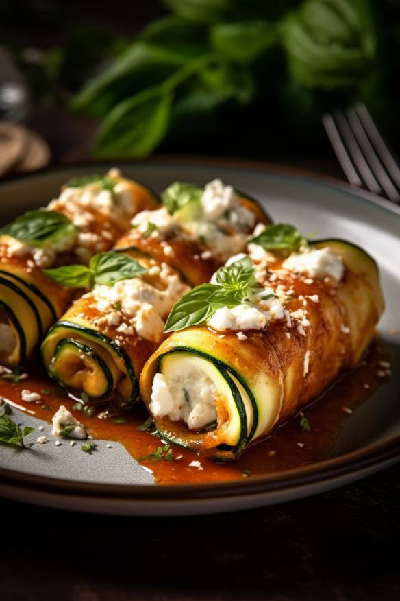 Gegrillte Zucchini-Rollen mit Ricotta auf einem Teller angerichtet.