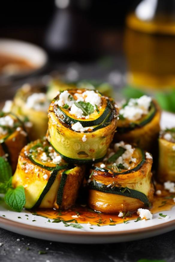 Gebackene Zucchini-Röllchen auf einem Teller angerichtet.