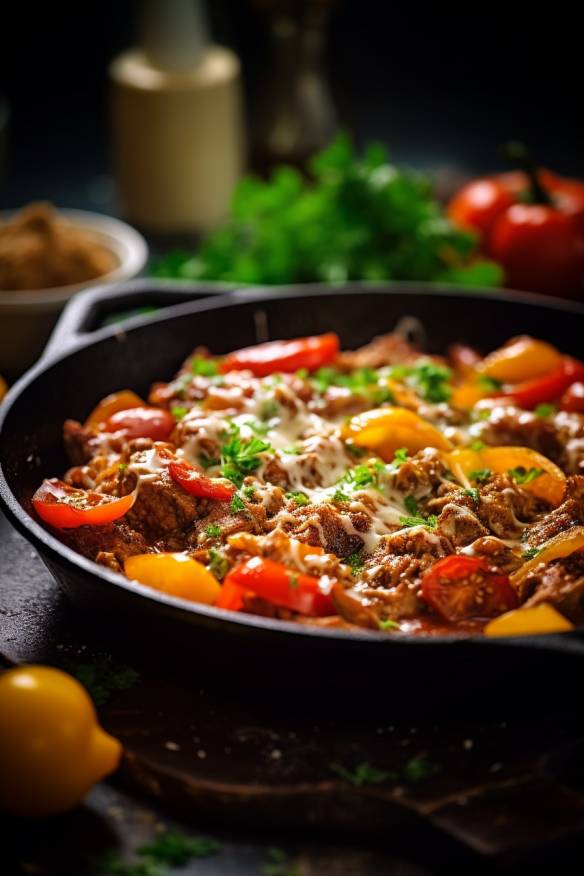 Hackfleisch-Pfanne mit Paprika und Tomaten in der Pfanne