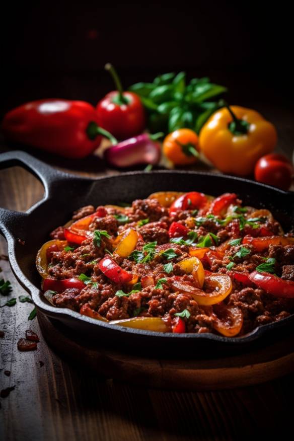 Hackfleisch-Pfanne mit Paprika und Tomaten in der Pfanne