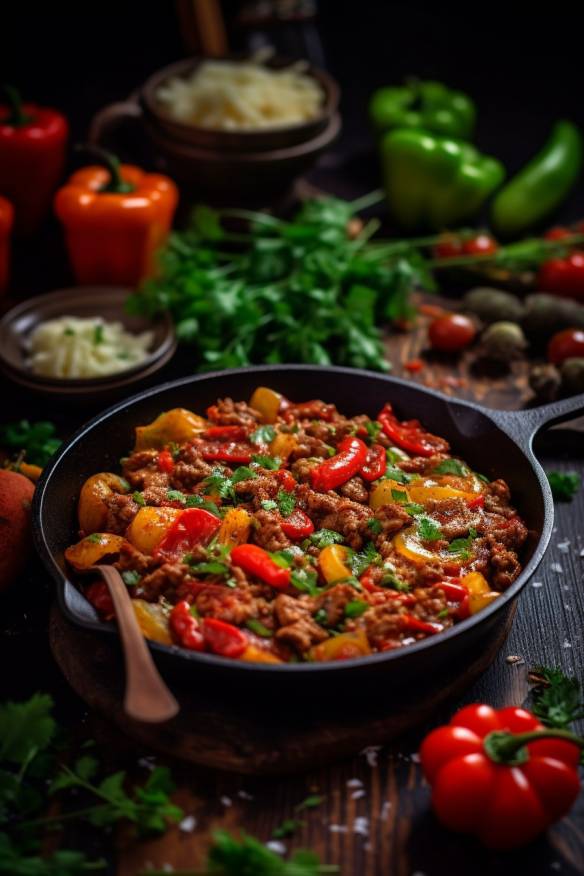 Hackfleisch-Pfanne mit Paprika und Tomaten in der Pfanne