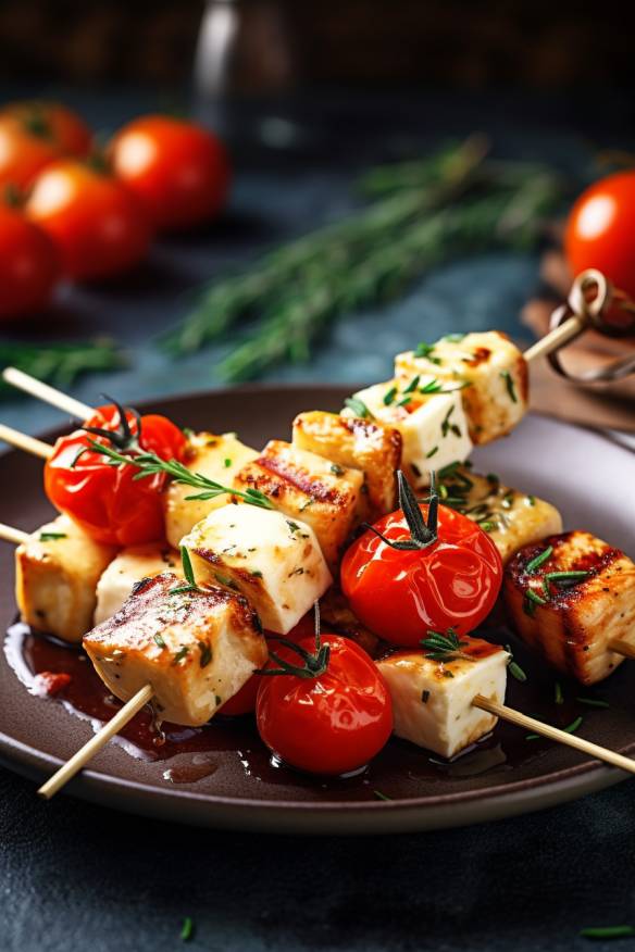 Halloumi-Tomaten-Spieße auf einem Teller angerichtet.