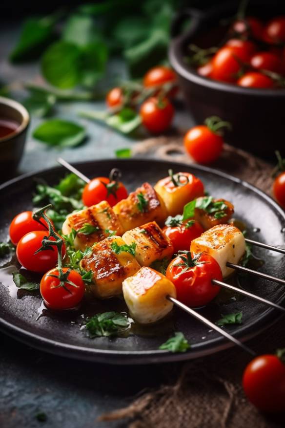 Halloumi-Tomaten-Spieße auf einem Teller angerichtet.