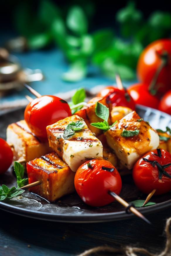 Halloumi-Tomaten-Spieße auf einem Teller angerichtet.