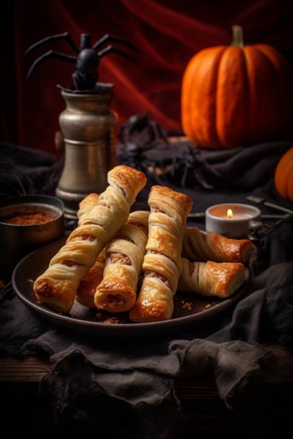 Halloween Würstchen Finger aus Blätterteig auf einem gruseligen Teller