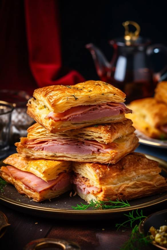 Blätterteig-Schinken-Sandwiches auf einem Teller angerichtet.