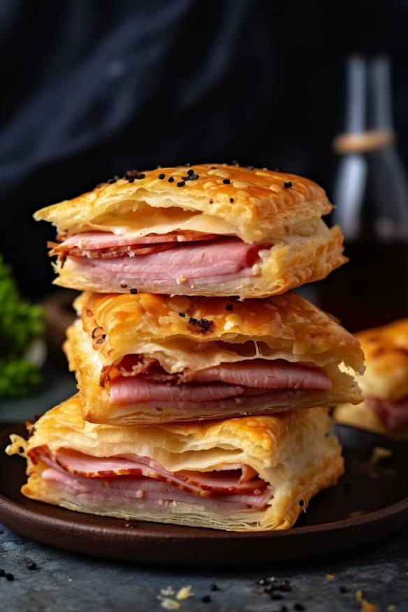 Blätterteig-Schinken-Sandwiches auf einem Teller angerichtet.