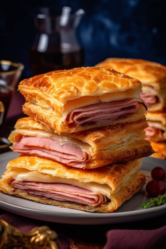 Blätterteig-Schinken-Sandwiches auf einem Teller angerichtet.