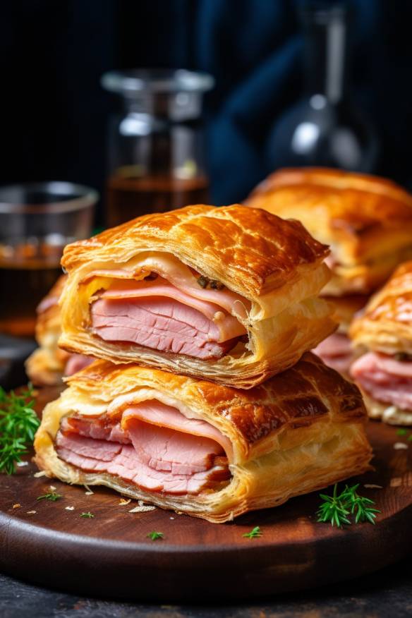 Blätterteig-Schinken-Sandwiches auf einem Teller angerichtet.