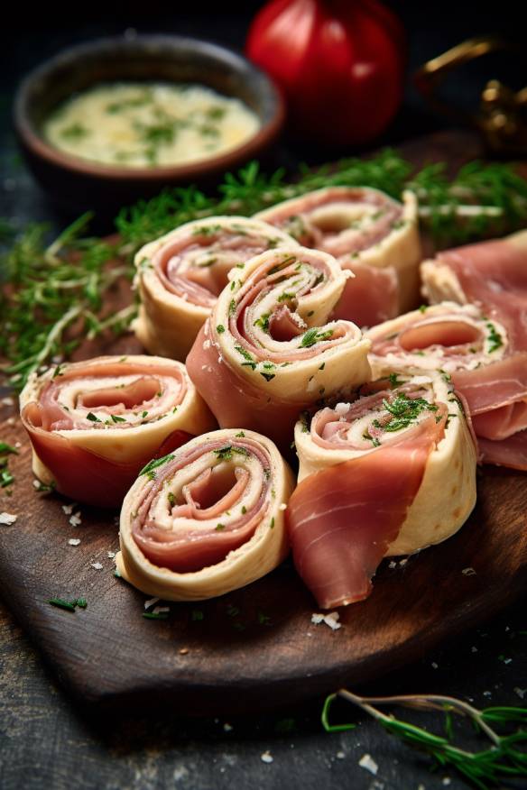 Schinkenröllchen mit Frischkäse und Kräutern.