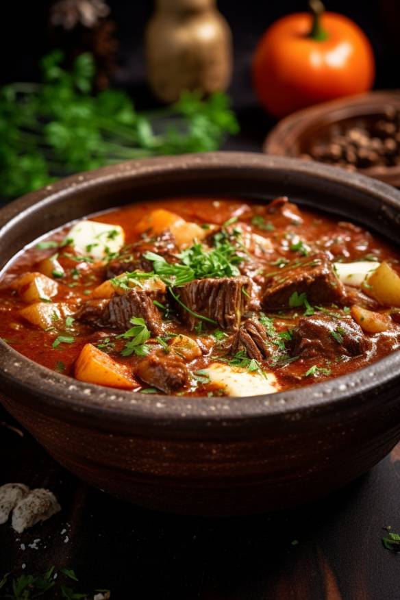 Deftiges Gulasch in einer Schüssel serviert.