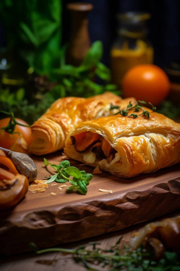 Wander-Fingerfood mit Hähnchenbrust, Gemüse und Frischkäse im Blätterteig.