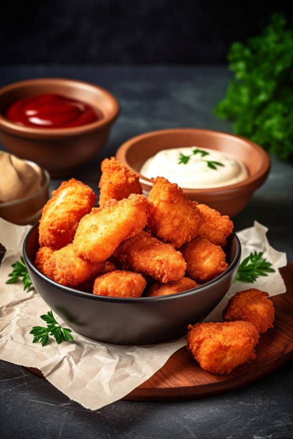 Selbstgemachte Chicken Nuggets mit Dip.