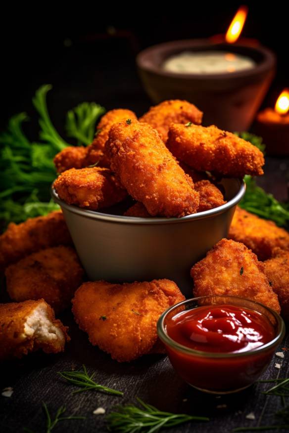 Selbstgemachte Chicken Nuggets mit Dip.