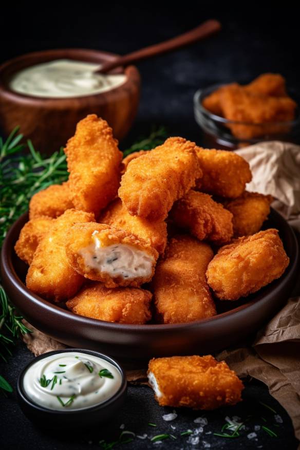 Selbstgemachte Chicken Nuggets mit Dip.