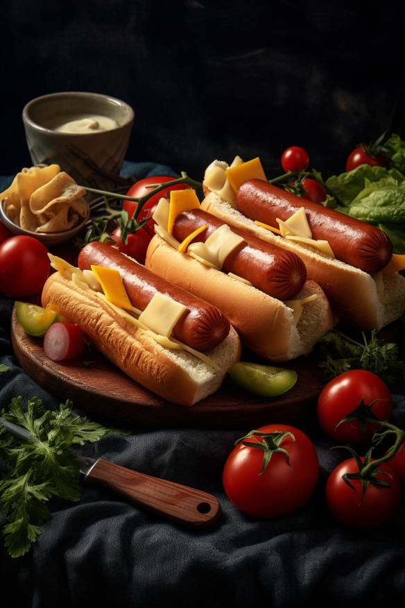 Hot Dog Fingerfood mit Würstchen und Käse.